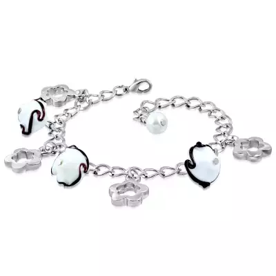 Ezüst színű karkötő - fényes lánc, virág körvonal, virágok hullámokkal