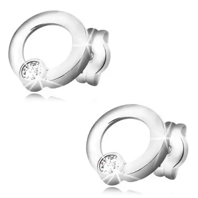 585 fehér arany fülbevaló - fényes karika, csillogó kerek cirkóniával, stekkeres