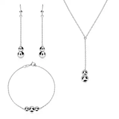 Három részes 925 ezüst szett - csavart nyaklánc, sima tükörfényes gömbökkel