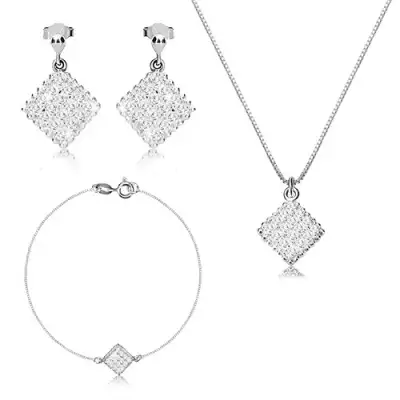 Három részes 925 ezüst szett - fodros szélű rombusz cirkóniákkal, szögletes lánc