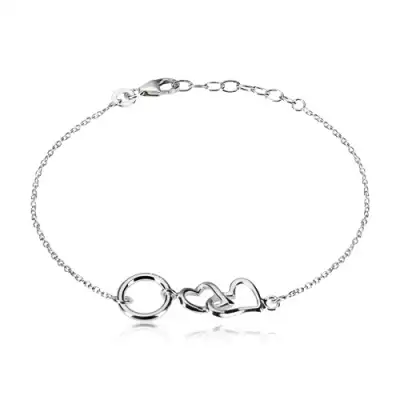 925 ezüst karkötő - két fényes szív és egy karika, kisebb ovális láncszemek