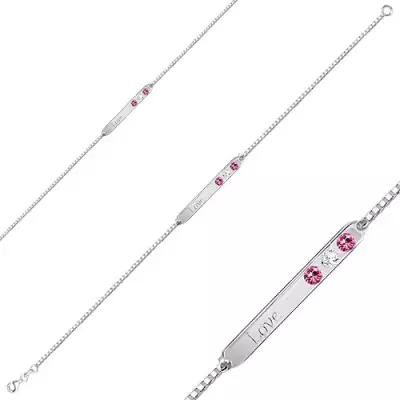 Karkötő 925 ezüstből - téglalap alakú, Love felirat, három cirkónia, delfinkapocs