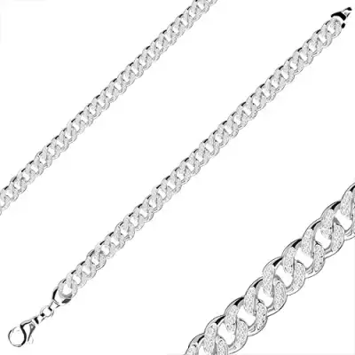 925 ezüst karkötő - ovális láncszemek cirkóniákkal, fényes felület, delfinkapocs