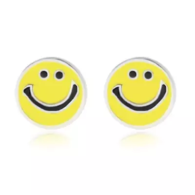 925 ezüst fülbevaló - mosolygó smiley sárga fénymázzal díszítve, bedugós fülbevaló