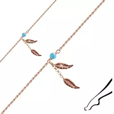 Réz színű 925 ezüst bokalánc - két hosszúkás levél, kék gyöngy