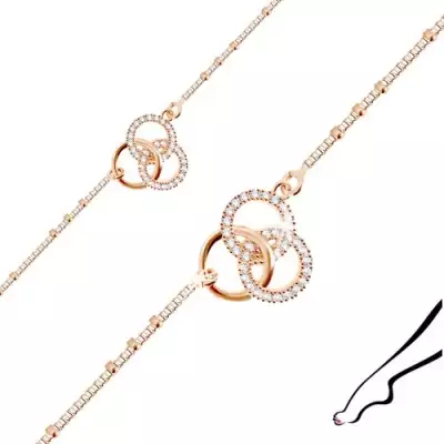 Réz színű 925 ezüst bokalánc - három egymásba kapcsolódó karika, kristálytiszta cirkóniakövek