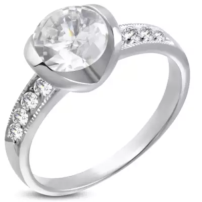 Sebészeti acél eljegyzési gyűrű egy nagy és nyolc kis cirkóniával - Nagyság_ 52