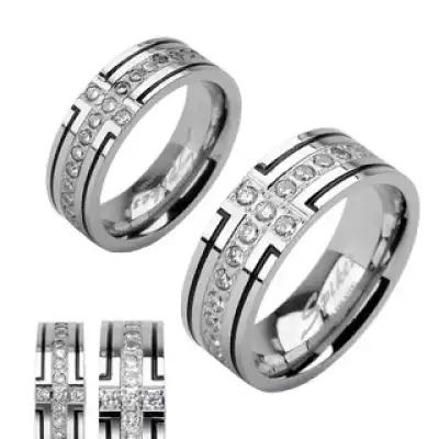 Acél karikagyűrű - két fekete bemart vonallal és cirkónia sávval - Nagyság_ 65