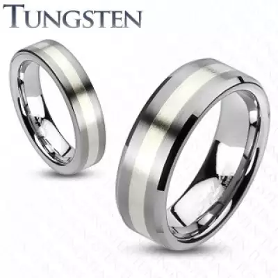 Wolfrám gyűrű - matt szürke, egy ezüst színű sávval - Szélesség_ 5 mm, Nagyság_ 67