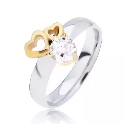 Fényes acél gyűrű arany színű szívkörvonallal és átlátszó cirkóniával - Nagyság_ 50