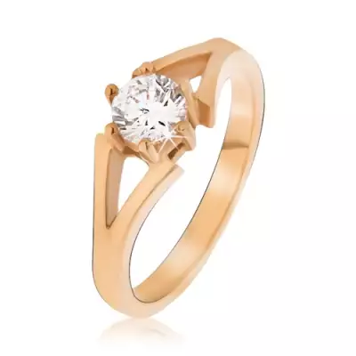 Arany színű acél gyűrű,szétágazó szárak, átlátszó kő - Nagyság_ 60