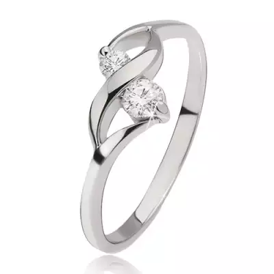 Ezüst gyűrű - fényes hullám, két kerek átlátszó kő a foglalatokban - Nagyság_ 68