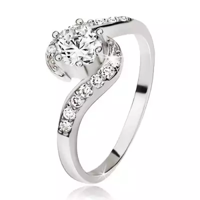 Ezüst gyűrű, hullámos cirkóniás szárak, kerek átlátszó kő - Nagyság_ 67