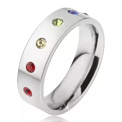 Fényes acél gyűrű, hat színes kerek kő - Nagyság_ 52