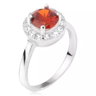 Gyűrű 925 ezüstből, kerek piros kő, átlátszó cirkóniás kör - Nagyság_ 48