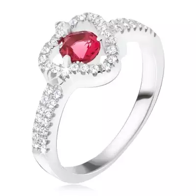 Gyűrű 925 ezüstből, piros kő, átlátszó cirkóniás háromszög - Nagyság_ 53