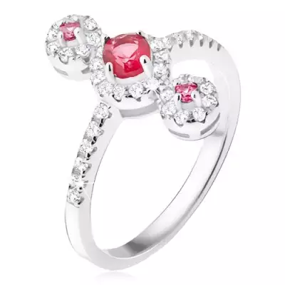 Gyűrű, három, piros kő, cirkóniás kerettel, 925 ezüst - Nagyság_ 61