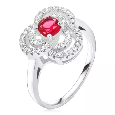 Gyűrű 925 ezüstből, cirkóniás levél, kerek, piros kő - Nagyság_ 65