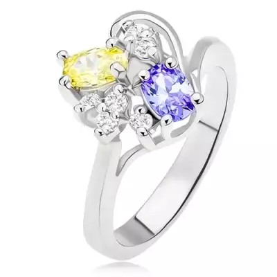 Gyűrű lila és sárga ovális kövekkel, átlátszó cirkóniák - Nagyság_ 56