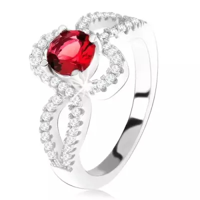 925 ezüst gyűrű, piros, kerek kő, tekert, cirkóniás szárak - Nagyság_ 50