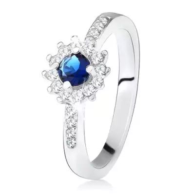 Gyűrű 925 ezüstből, kerek sötétkék kő és átlátszó cirkóniák  - Nagyság_ 60