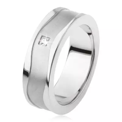 Gyűrű titánból, matt felülettel és fényes hullámokkal, átlátszó kő - Nagyság_ 59