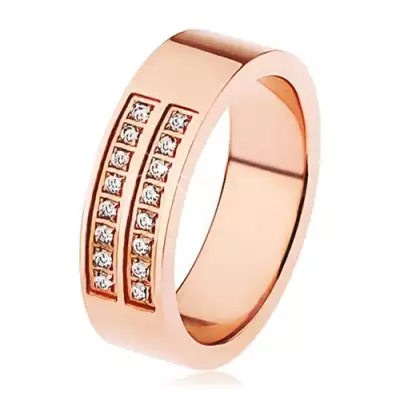 Fényes, acél gyűrű, réz színben, két átlátszó cirkóniákból álló vonal - Nagyság_ 60