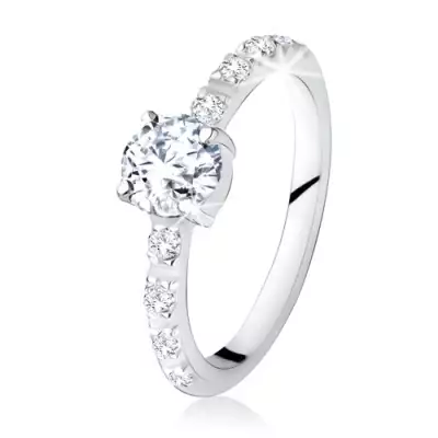 925 ezüst gyűrű, kerek, átlátszó kő, cirkóniákkal díszített szárak - Nagyság_ 52