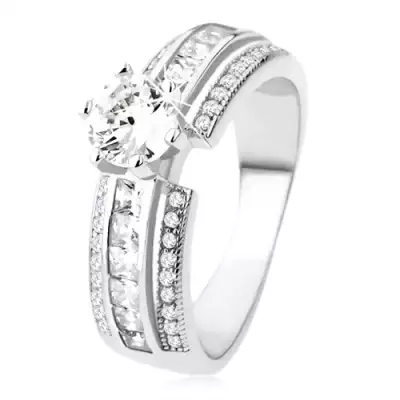 Eljegyzési gyűrű 925 ezüstből, kiemelkedő díszített vonal, átlátszó cirkónia - Nagyság_ 60