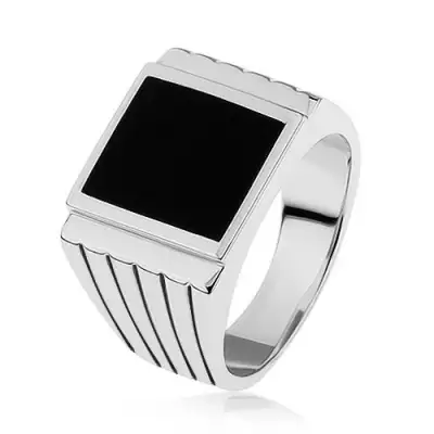 925 gyűrű, fekete téglalap és barázdált vállakkal - Nagyság_ 59