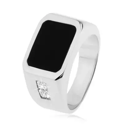 Gyűrű 925 ezüstből, fekete fénymázas téglalap, átlátszó cirkóniák a szárakon - Nagyság_ 70