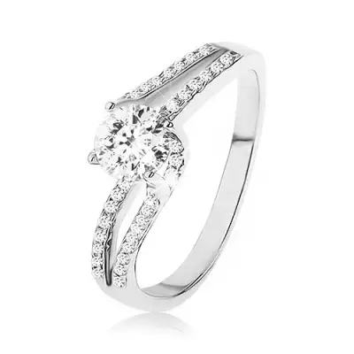 Gyűrű 925 ezüstből, kerek átlátszó cirkónia, kettős és eltolt szárak - Nagyság_ 67