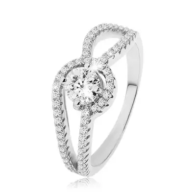 925 ezüst gyűrű, díszített lekerekített szárak, kerek átlátszó cirkónia, recézet - Nagyság_ 65