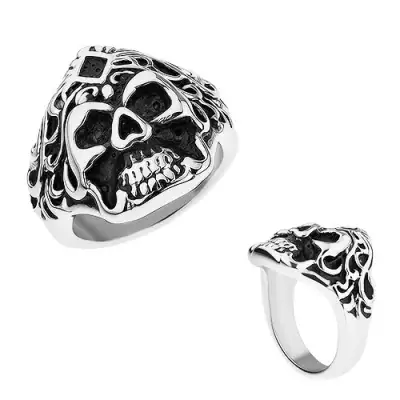 Gyűrű acélból, ezüst szín, patináns koponya hajjal és rombusszal - Nagyság_ 59