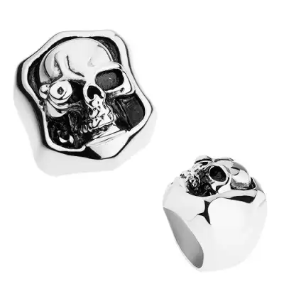 316L acél masszív gyűrű, ezüst szín, patina, koponya mű szemmel - Nagyság_ 58