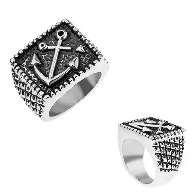 Gyűrű sebészeti acélból, hajó horgony téglalapban, gravírozott szárak - Nagyság_ 62