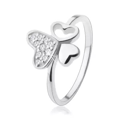 925 ezüst gyűrű, három különböző szív, átlátszó cirkóniák - Nagyság_ 53