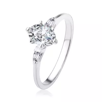 925 ezüst gyűrű, ovális átlátszó cirkónia, kicsi cirkóniás trapézok - Nagyság_ 49