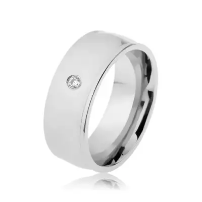 Gyűrű 316L acélból, ezüst szín, fény, kiemelkedú szélek, átlátszó cirkónia - Nagyság_ 62