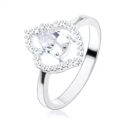 Gyűrű 925 ezüstből, átlátszó cirkóniás könnycsepp, csillogó levél kontúr - Nagyság_ 57