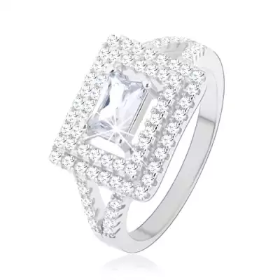 Gyűrű 925 ezüstből, átlátszó cirkónia - téglalap, csillogó keret, kettős szárak - Nagyság_ 58