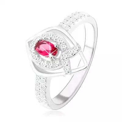 925 ezüst gyűrű, csúcsos könnycsepp körvonal, rózsaszín cirkónia, 