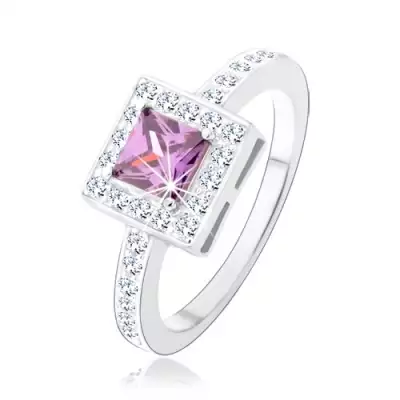 Gyűrű 925 ezüstből, lila cirkóniás négyzet, átlátszó csillogó keret - Nagyság_ 54