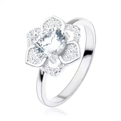 Gyűrű 925 ezüstből, csillogó virág, csiszolt átlátszó cirkónia, sima szárak - Nagyság_ 54