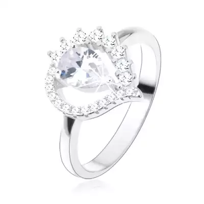 Gyűrű 925 ezüstből, aszimmetrikus könnycsepp - körvonal, átlátszó cirkóniás csepp - Nagyság_ 57