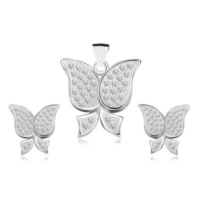 Szett 925 ezüstből - medál és fülbevaló, pillangó, átlátszó cirkóniák