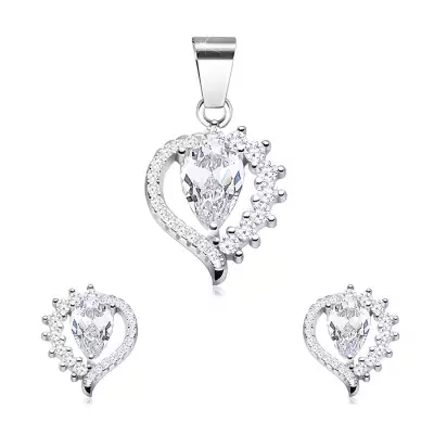 925 ezüst szett, fülbevaló és medál, könnycsepp, átlátszó cirkóniák