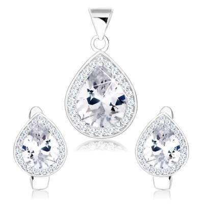 Szett medálból és fülbevalóból, 925 ezüst, átlátszó cirkóniás könnycsepp, csillogó keret