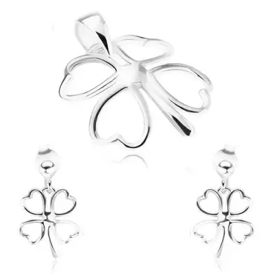 925 ezüst szett, bedugós fülbevaló és medál, kidomborodó lóhere kontúr