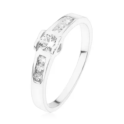 Eljegyzési gyűrű 925 ezüstből, kerek átlátszó kő, szívecske, cirkóniás vonal - Nagyság_ 56